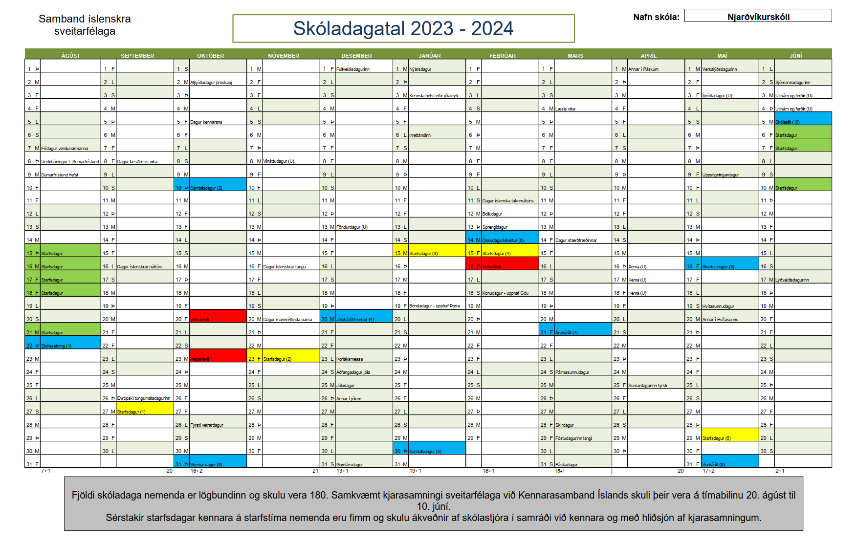 Skóladagatal Fyrir Skólaárið 2023-2024 